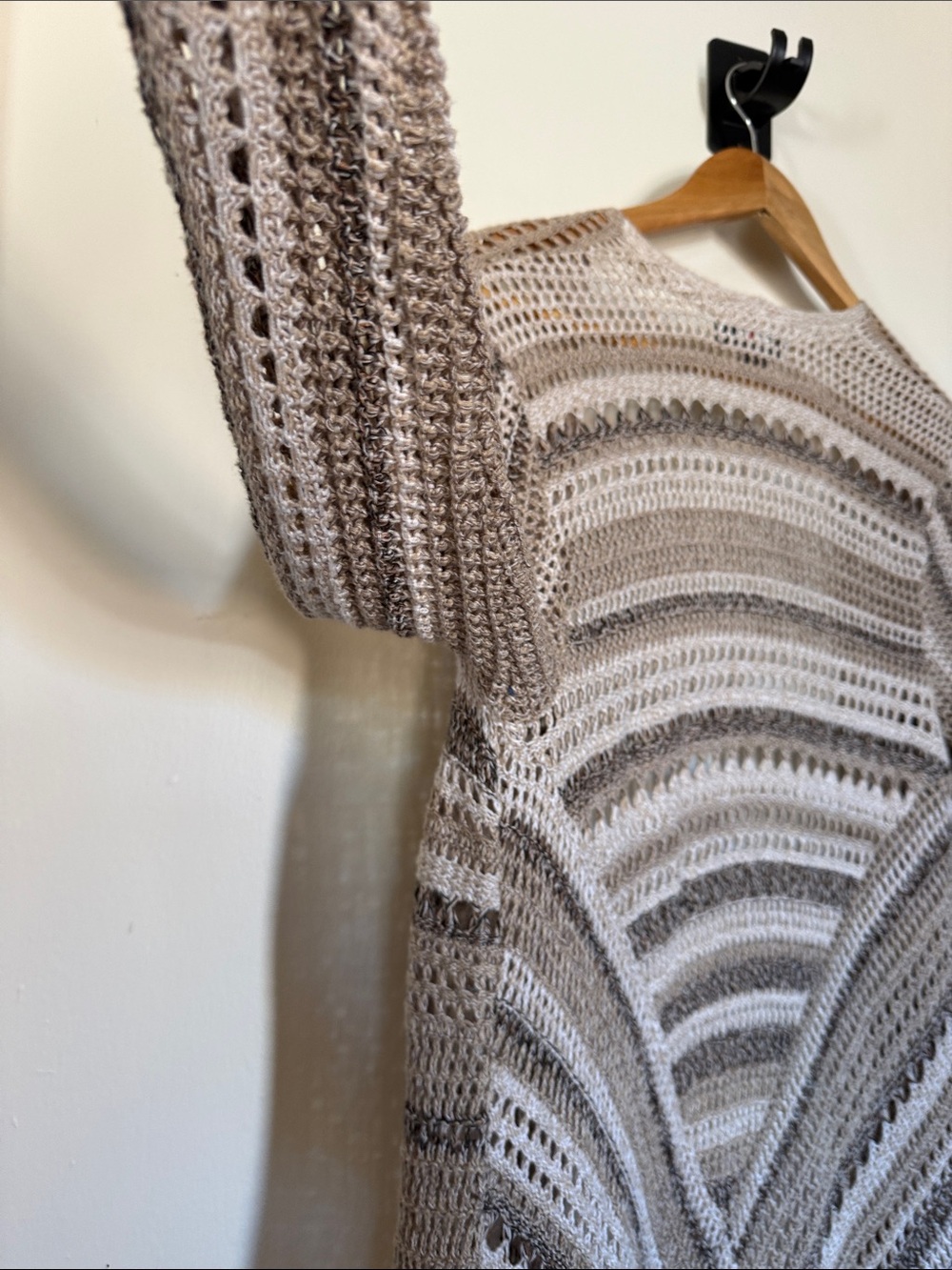 Style & Co Tan Multi Stripe Crochet Open Front Cardigan Medium Womens Pointelle - Picture 10 of 11